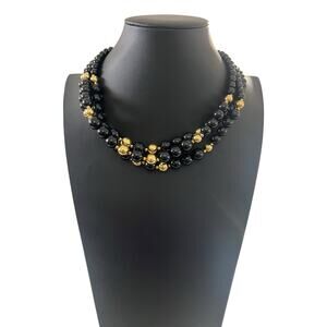 VTG Triple Stand Beautiful Unsigned Black/Gold Glass Beaded Collar Necklace